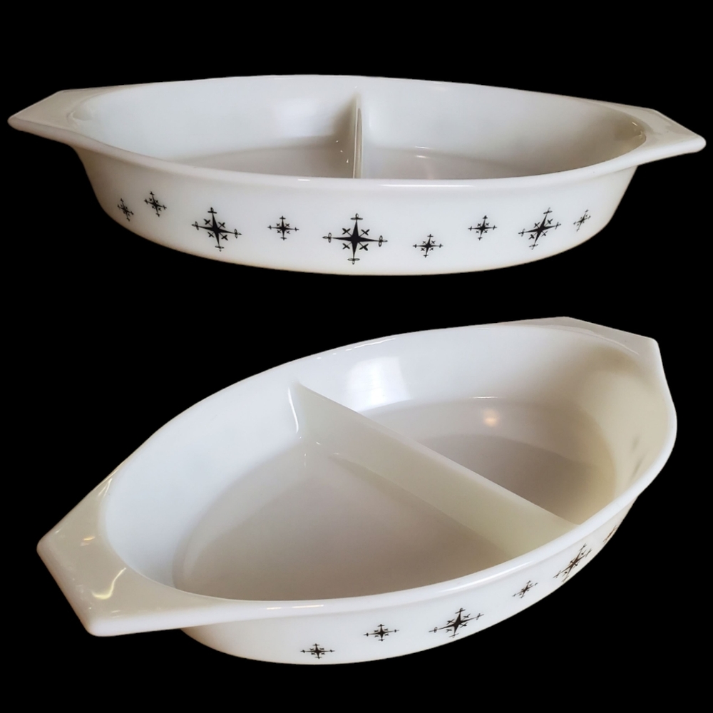 PYREX Vintage Limited Edition “Compass” Pattern Divided Snack Dish Black & White